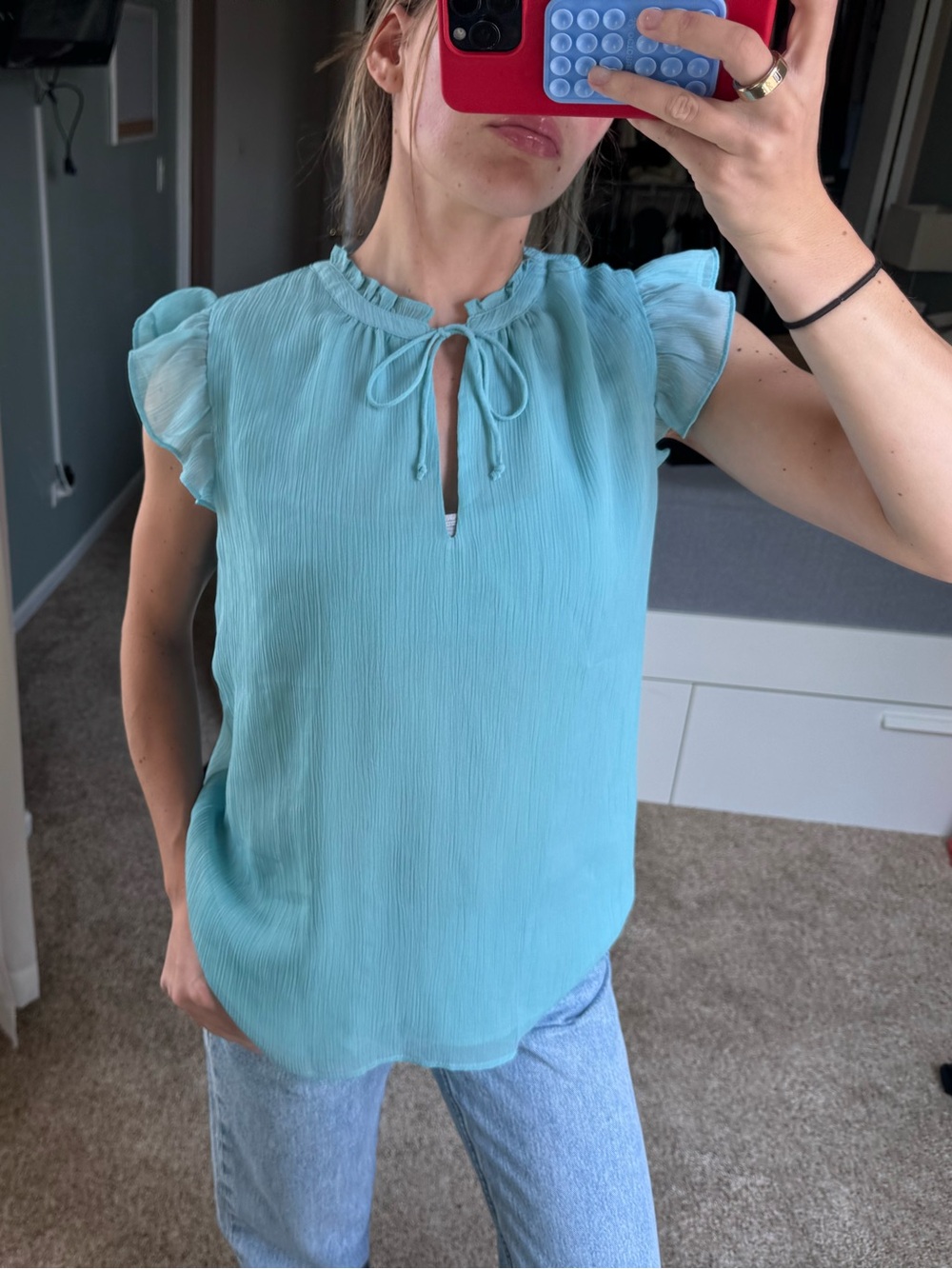 Ann Taylor aqua/teal ruffle sleeve blouse top